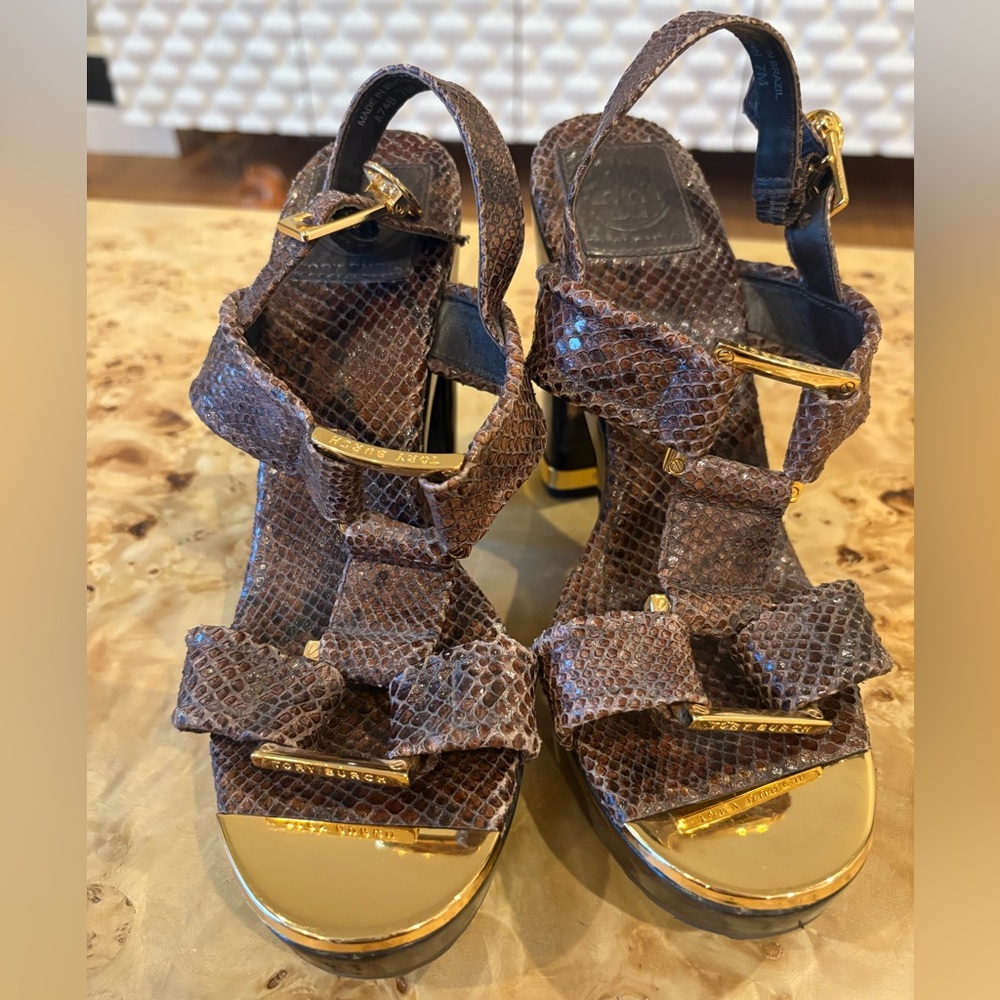 Tori Burch brown reptile skin heeled platform sandals